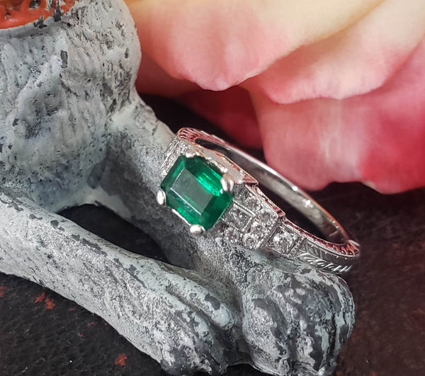 14k white gold emerald cut Emerald & diamond engraved ring JCB