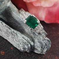 14k white gold emerald cut Emerald & diamond engraved ring JCB