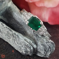 14k white gold emerald cut Emerald & diamond engraved ring JCB
