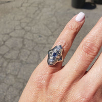 18k white gold Diamond & Sapphire estate Art Deco filigree glove shield Ring