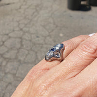18k white gold Diamond & Sapphire estate Art Deco filigree glove shield Ring