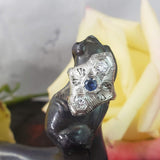 18k white gold Diamond & Sapphire estate Art Deco filigree glove shield Ring