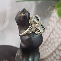 14k white gold c.20s filigree Deco diamond black onyx & quartz Ring