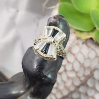 14k white gold c.20s filigree Deco diamond black onyx & quartz Ring