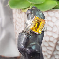 14k white gold emerald cut CITRINE & diamond Deco estate ring