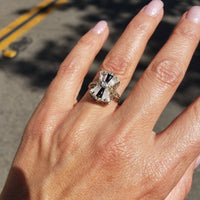 14k white gold c.20s filigree Deco diamond black onyx & quartz Ring