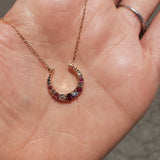 14k rose gold crescent moon horseshoe 6 diamond & ruby necklace pendant