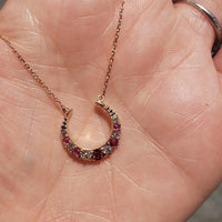 14k rose gold crescent moon horseshoe 6 diamond & ruby necklace pendant