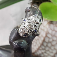 Platinum Diamond & Sapphire estate Art Deco c.20's filigree glove shield Ring