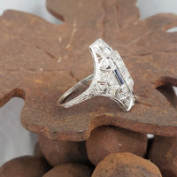 Platinum Diamond & Sapphire estate Art Deco c.20's filigree glove shield Ring