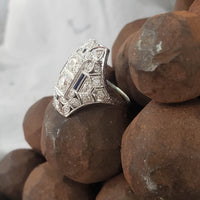Platinum Diamond & Sapphire estate Art Deco c.20's filigree glove shield Ring