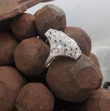 Platinum Diamond & Sapphire estate Art Deco c.20's filigree glove shield Ring
