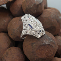 Platinum Diamond & Sapphire estate Art Deco c.20's filigree glove shield Ring