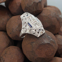 Platinum Diamond & Sapphire estate Art Deco c.20's filigree glove shield Ring