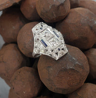 Platinum Diamond & Sapphire estate Art Deco c.20's filigree glove shield Ring