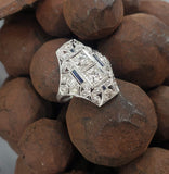 Platinum Diamond & Sapphire estate Art Deco c.20's filigree glove shield Ring
