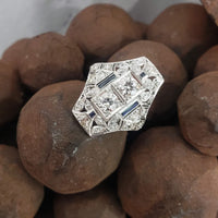Platinum Diamond & Sapphire estate Art Deco c.20's filigree glove shield Ring