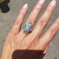 Platinum Diamond & Sapphire estate Art Deco c.20's filigree glove shield Ring