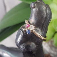 14k band  - 9k gold Victorian ruby, blue sapphire & rose cut diamond clover ring - red white & blue