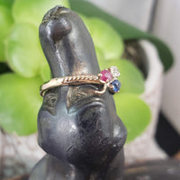 14k band  - 9k gold Victorian ruby, blue sapphire & rose cut diamond clover ring - red white & blue