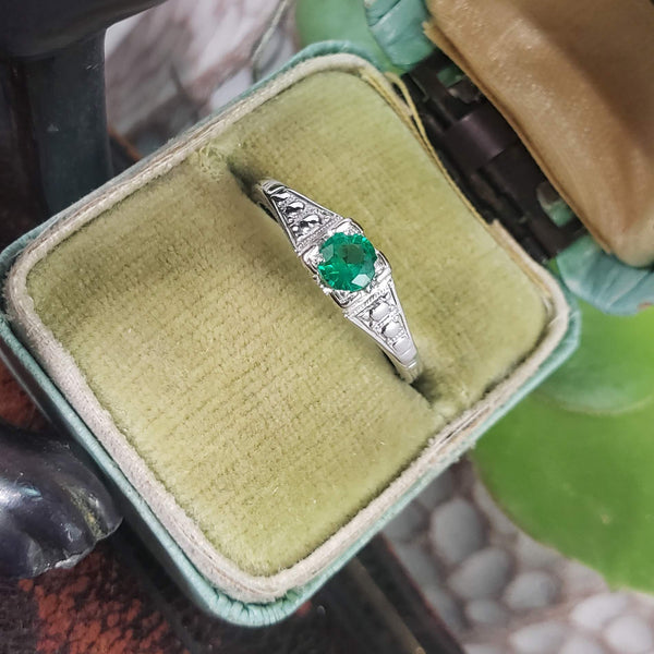 18k white gold Emerald Art Deco estate ring