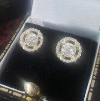 14k gold old European cut diamond Deco style halo studs - .74ct tw