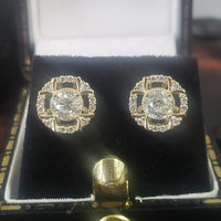 14k gold old European cut diamond Deco style halo studs - .74ct tw