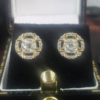 14k gold old European cut diamond Deco style halo studs - .74ct tw