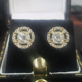 14k gold old European cut diamond Deco style halo studs - .74ct tw