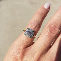 Platinum & 14k gold two tone Art Deco European cut Diamond & green tzavorite garnet estate Ring