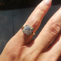 Platinum & 14k gold two tone Art Deco European cut Diamond & green tzavorite garnet estate Ring