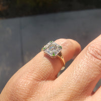 Platinum & 14k gold two tone Art Deco European cut Diamond & green tzavorite garnet estate Ring