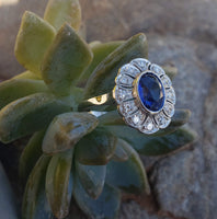 platinum oval blue sapphire & diamond Deco estate ring