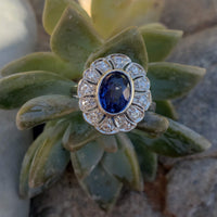 platinum oval blue sapphire & diamond Deco estate ring