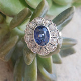 platinum oval blue sapphire & diamond Deco estate ring