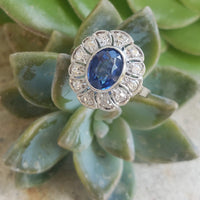 platinum oval blue sapphire & diamond Deco estate ring