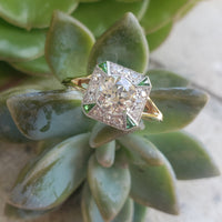 Platinum & 14k gold two tone Art Deco European cut Diamond & green tzavorite garnet estate Ring