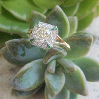 Platinum & 14k gold two tone Art Deco European cut Diamond & green tzavorite garnet estate Ring