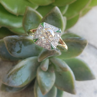Platinum & 14k gold two tone Art Deco European cut Diamond & green tzavorite garnet estate Ring