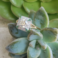 Platinum & 14k gold two tone Art Deco European cut Diamond & green tzavorite garnet estate Ring