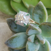 Platinum & 14k gold two tone Art Deco European cut Diamond & green tzavorite garnet estate Ring