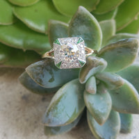 Platinum & 14k gold two tone Art Deco European cut Diamond & green tzavorite garnet estate Ring