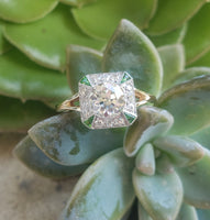 Platinum & 14k gold two tone Art Deco European cut Diamond & green tzavorite garnet estate Ring