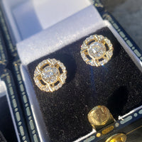 14k gold old European cut diamond Deco style halo studs - .74ct tw