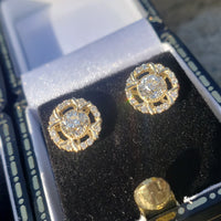 14k gold old European cut diamond Deco style halo studs - .74ct tw