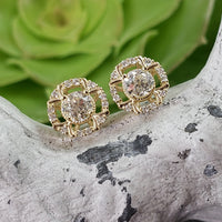 14k gold old European cut diamond Deco style halo studs - .74ct tw