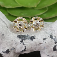 14k gold old European cut diamond Deco style halo studs - .74ct tw