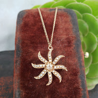 10k gold Victorian mine cut diamond & seed pearl starburst necklace pendant lavaliere pin