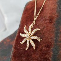 10k gold Victorian mine cut diamond & seed pearl starburst necklace pendant lavaliere pin