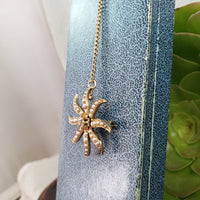 10k gold Victorian mine cut diamond & seed pearl starburst necklace pendant lavaliere pin